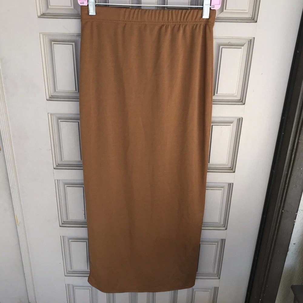 Shein Pencil MIDI Skirt SzM Silky Golden Brown Back Slit Pre-Owned